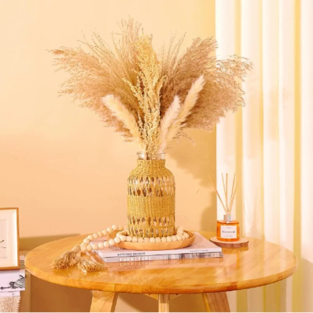 Rustic Farmhouse Vase - Hand Woven Rattan Glass Vase - Dried Pampas Flower Vase